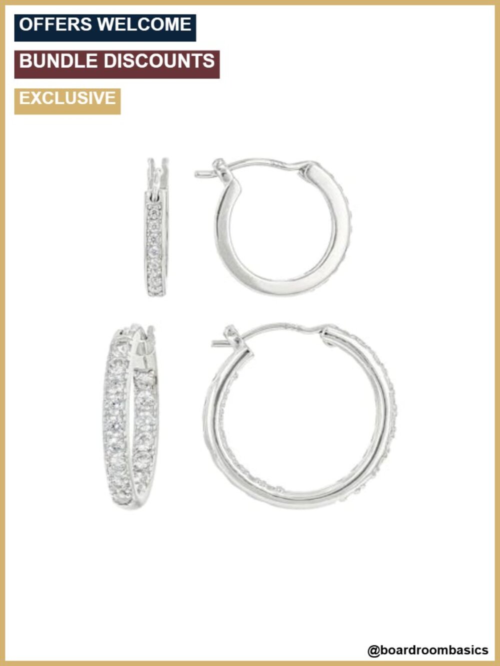 Sterling Silver Hoop Earrings Set Cubic Zirconia Gold Plated 2 Pairs